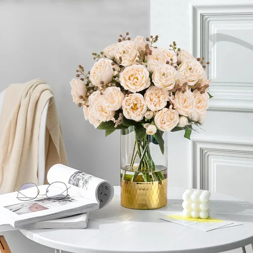 Vista 3 de Flores artificiales de seda, ramo de peonías sintéticas beige, 4 paquetes de arreglos florales para decoración de casa de campo, centro de mesa