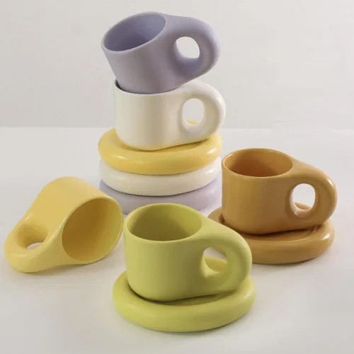 Vista 2 de Taza de café de cerámica, juego de tazas de café de cerámica de 10 onzas, tazas de capuchino de porcelana para café con leche, juego de tazas