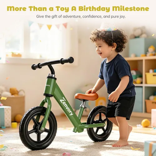 Vista 6 de Toddler Balance Bike Age 2-5, 12 Inches, Tool-Free Adjustable Verde oliva
