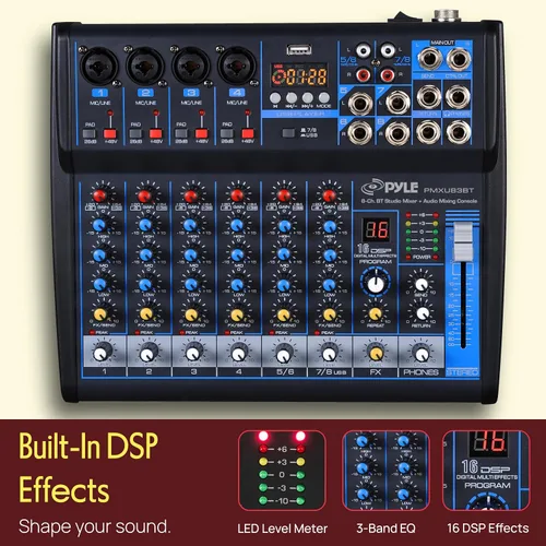 Vista 4 de Pyle - Mezclador de audio profesional, tablero de sonido, consola de mesa, sistema de interfaz de 8 canales, USB digital, Bluetooth, MP3, entrada