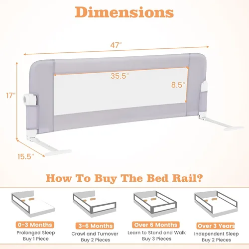 Vista 9 de BABY JOY - Barandillas de cama para niños pequeños, extralargas, protector de cama de seguridad abatible para cuna convertible, barandilla plegable