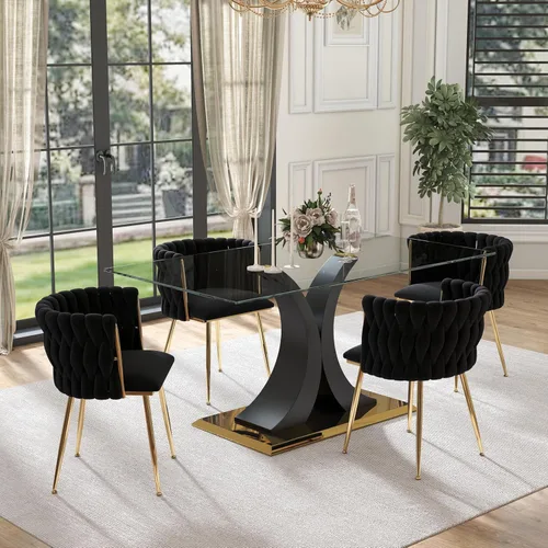 Vista 10 de Juego de comedor moderno de vidrio de lujo de 5 piezas, juego de cena rectangular minimalista grande para 4, juego de mesa de cocina de vidrio