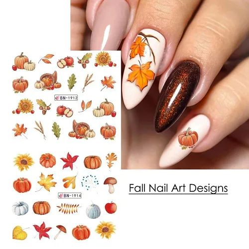 Vista 13 de Calcomanías de arte de uñas de otoño, calcomanías de agua de otoño, suministros de uñas, hojas de arce, pavo, calabaza, diseño de calcomanías