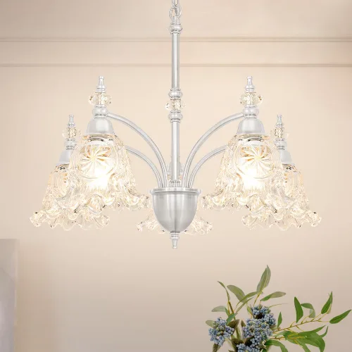 Vista 9 de Candelabro vintage de latón – Lámpara de comedor de altura ajustable con vidrio soplado hecho a mano – Base E26 de 5 luces, ideal para cocina