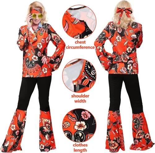 Vista 4 de Jiuguva Conjunto de 17 piezas de disfraz hippie de los años 60 y 70 para mujer, vestido de discoteca, pantalones bohemios, acampanados, camisa