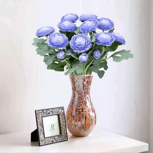 Vista 4 de Flores artificiales de ranúnculo con tallo de tacto real, flores de ranúnculo de seda (azul, 6 unidades)