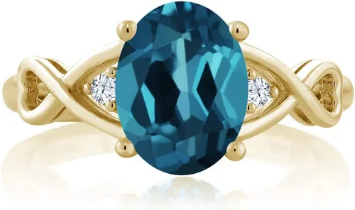 Vista 2 de Gem Stone King Anillo de plata chapada en oro amarillo de 18 quilates con topacio azul Londres y topacio blanco para mujer