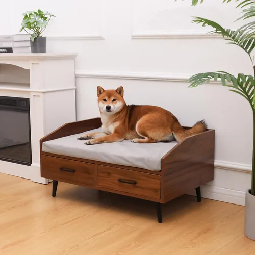 Vista 9 de Cama elevada para perros pequeños a medianos: sofá de madera para interiores de 32 x 21 pulgadas con cojín suave, estilo moderno de mediados