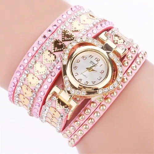 Vista 8 de CdyBox Reloj de moda para mujer, con incrustaciones de diamantes de imitación, relojes de cuarzo con forma de corazón, pulsera con esfera enrollada