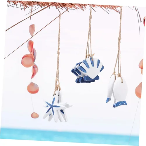 Vista 4 de DECHOUS Juego de 3 adornos de pared hechos a mano con peces y vieiras de madera estilo mediterráneo