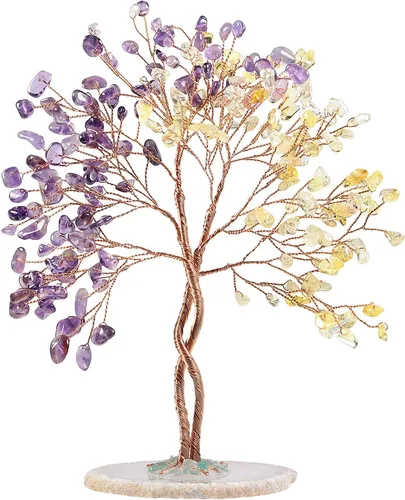 Vista 10 de Nupuyai Árbol de dinero hecho a mano de buena suerte con base de ágata en rodajas de ágata, piedra de cristal de energía curativa, árbol bonsái