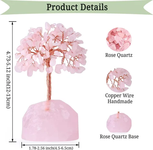 Vista 5 de DUQGUHO Árbol de cristal de cuarzo rosa, decoración rosa de cristal curativo, decoración de árbol de piedra preciosa de reiki de la suerte, regalos