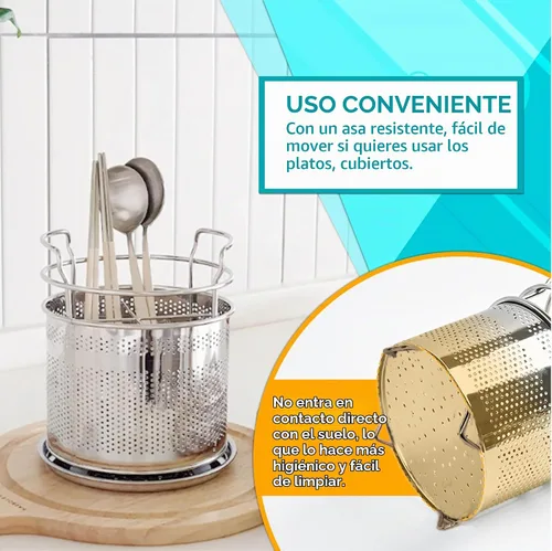 Vista 3 de Cesta de secado de cubiertos de acero inoxidable para escurridor de platos, soporte para utensilios de 4 compartimentos con tabla de drenaje
