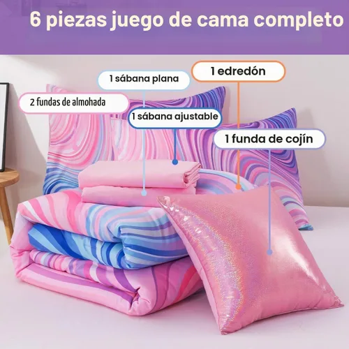 Vista 8 de Btargot Juego de edredón súper suave de 6 piezas con patrón de estrellas en degradado y anillo, juego de ropa de cama con rayas onduladas de Morado