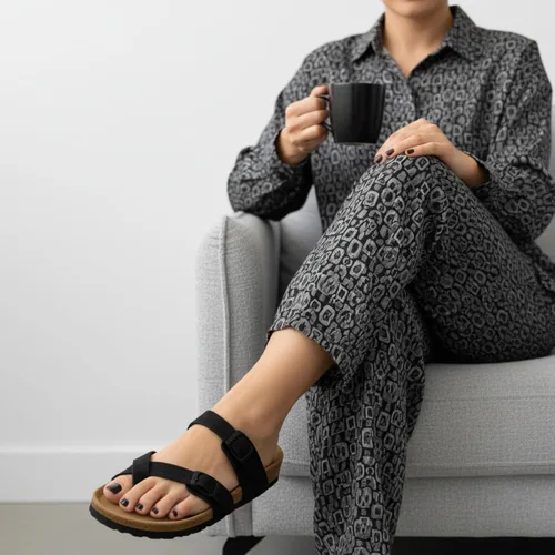 Vista 2 de CUSHIONAIRE Luna - Sandalias con plantilla de corcho para mujer con correas Negro