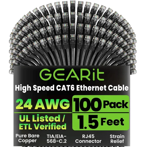 Vista 19 de GEARit Paquete de 100 cables Ethernet Cat6 de 0.5 pies Cable de conexión de red RJ45, conectores chapados en oro sin enganches de 10 Gbps, cable