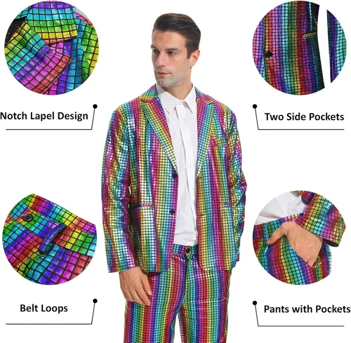 Vista 4 de Conjunto de disfraz de discoteca para hombre, traje de lentejuelas brillantes y pantalones, chaqueta metálica, trajes de Halloween