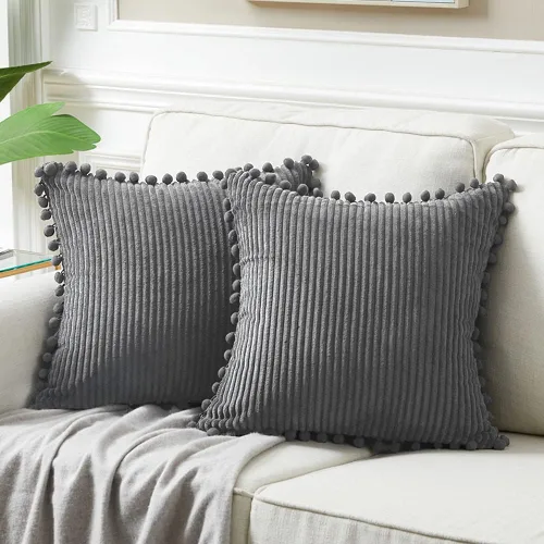 Vista 7 de Fancy Homi Juego de 2 fundas de almohada decorativas negras de 12 x 12 pulgadas con pompones para sofá y cama, decoración moderna de estilo bohemio