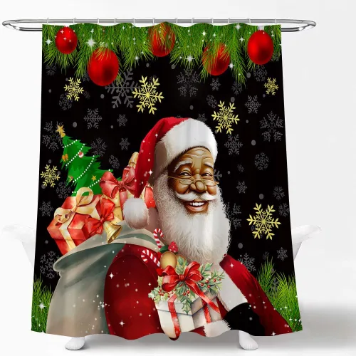 Vista 2 de Cortina de ducha afroamericana de Papá Noel negro retro amable anciano feliz Navidad bola regalo copos de nieve invierno feliz año nuevo cortina