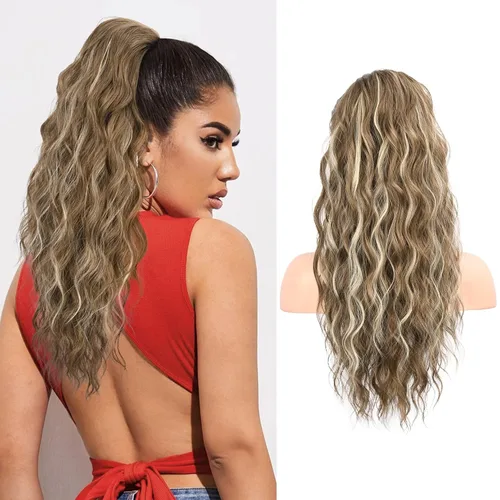 Vista 42 de FLUFYMOOZ Extensión de cola de caballo de 22 pulgadas, extensiones de cabello sintético ondulado largo y rizado para mujer