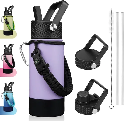 Vista 53 de BJPKPK - Botella de agua con tapa de popote, botellas de agua aisladas de 18 onzas con 3 tapas, asa de cuerda de paracaídas y base antideslizante