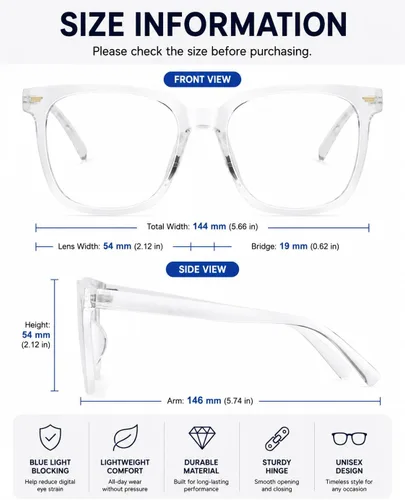Vista 5 de PANNER Gafas cuadradas de gran tamaño con bloqueo de luz azul antideslumbrante para computadora Transparente