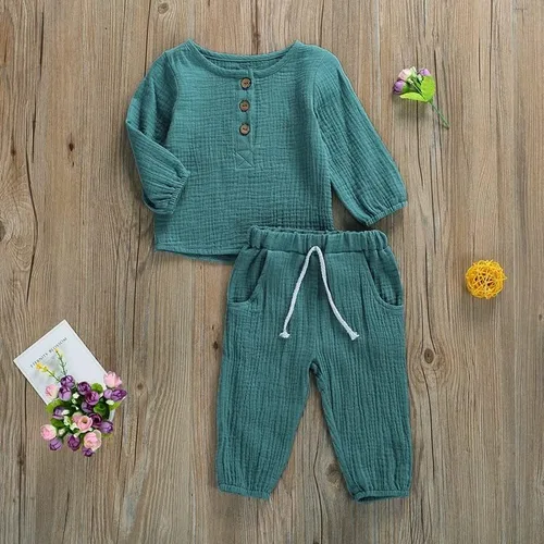 Vista 2 de Conjunto de ropa de algodón y lino de manga larga con botones y pantalones con cordón para bebé