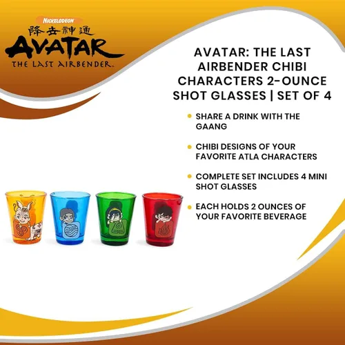 Vista 6 de Avatar: The Last Airbender Chibi Characters - Mini vasos de vidrio de 2 onzas, juego de 4 Vasos de whisky para bar en el hogar, decoración