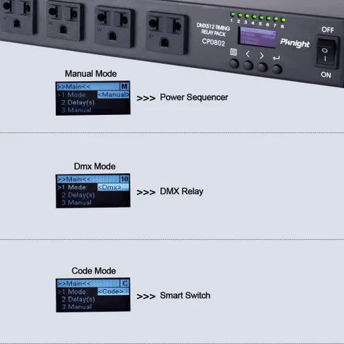 Vista 5 de Pknight Relé PDU DMX inteligente de 8 tomas - Secuenciador de potencia programable con control DMX512, control remoto RS485, unidad de distribución