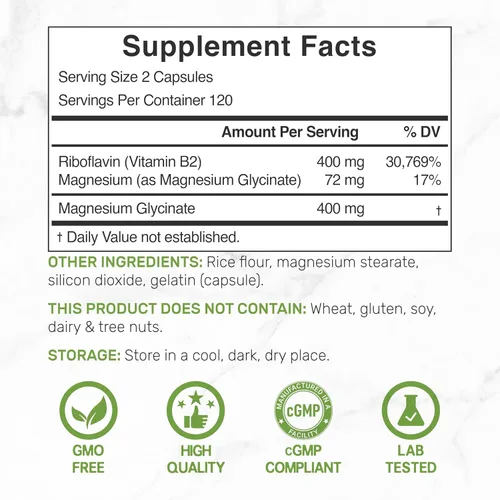 Vista 2 de DEAL SUPPLEMENT Vitamina B2 400 mg (Riboflavina) con glicinato de magnesio 400 mg, 240 Cápsulas – 2 en 1 apoya el sistema nervioso saludable