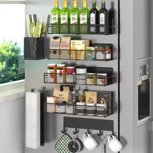 Vista 14 de Estante magnético para especias para refrigerador, paquete de 7 estantes magnéticos fuertes 100% de metal, organizador de especias con soporte