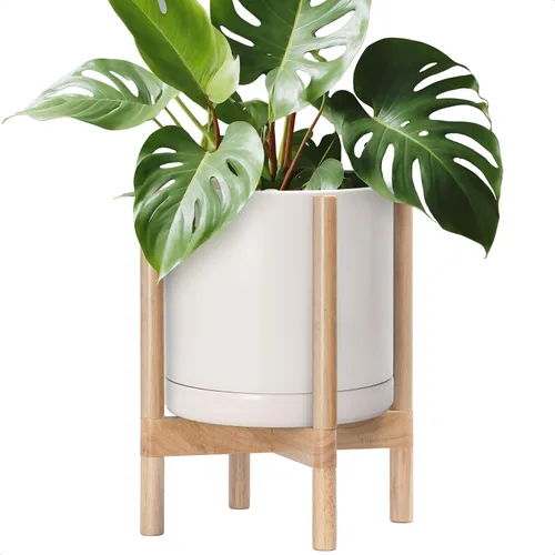 Vista 39 de D'vine Dev Maceta de cerámica con soporte de ébano – Maceta redonda moderna de 8 pulgadas con soporte para maceta de madera, color negro, 55-B-M-2