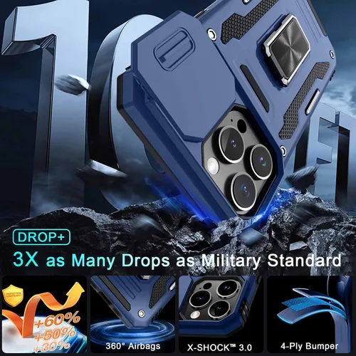 Vista 19 de DEERLAMN Funda para iPhone Xs Max con funda deslizante para cámara + protector de pantalla, soporte giratorio de anillo de grado militar a prueba