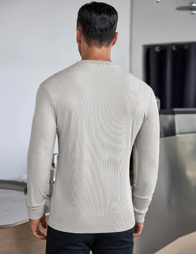 Vista 9 de COOFANDY Camisas Henley de manga larga para hombre, camisetas elásticas acanaladas, camisetas básicas casuales de moda