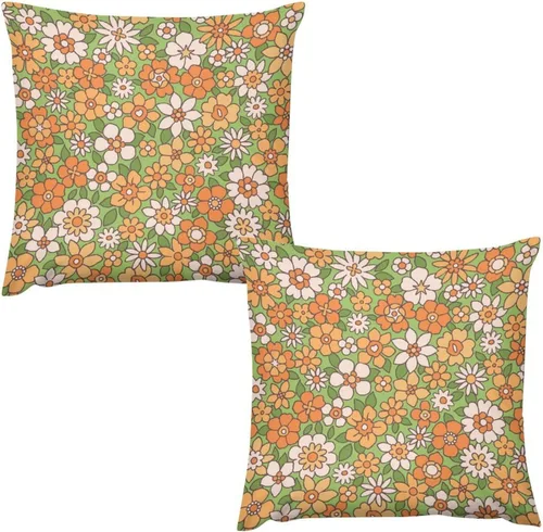 Vista 51 de Juego de 2 fundas de almohada florales retro de los años 70, Groovy Funky Hippie Flor Naranja Estética Boho Fundas de Almohada de 16 x 16 pulgadas