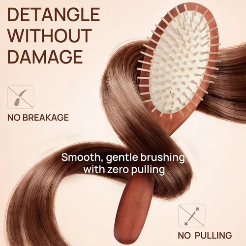 Vista 2 de Cepillo de madera natural para mujer, cepillo de cerdas de madera antiroturas con mango de madera de pera, masaje suave del cuero cabelludo