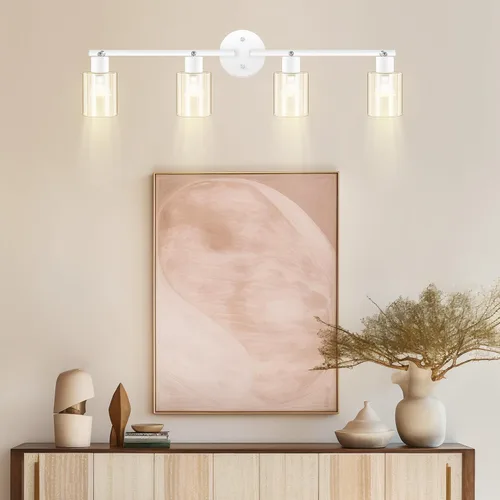 Vista 9 de BoostArea Lámparas de baño de 4 luces, modernas luces blancas de pared con pantalla de vidrio transparente, luz de techo flexible para espejo