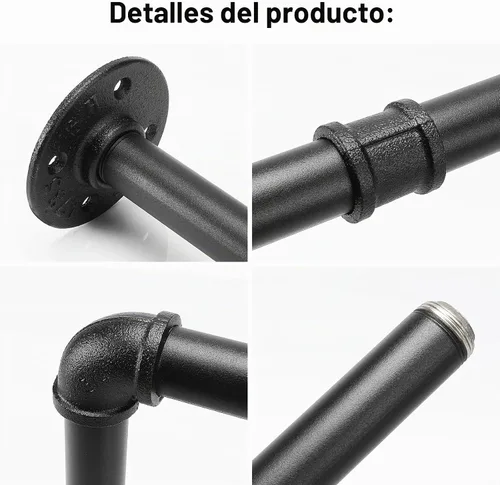 Vista 4 de Perchero Industrial de Tubo de Hierro para Colgar Ropa, Barra de Ropa Montada en Pared DIY, Estante de Ropa de Alta Resistencia para Dormitorio Negro