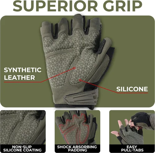 Vista 2 de HANDLANDY Guantes tácticos de impacto sin dedos para hombre, guantes de trabajo con agarre acolchado de medio dedo, guantes de conductor de Verde