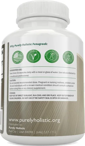 Vista 3 de Purely Holistic Cápsulas de fenogreco de 360 mg por porción, 365 cápsulas veganas, suplemento de lactancia, de semillas de fenogreco, sin OMG