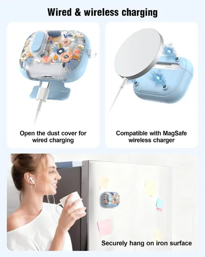 Vista 6 de TATOFY Funda para AirPods Pro 2 y Pro con Soporte para Teléfono, Cordón, Bloqueo, Kit de Limpieza, Compatible con Magsafe, Cubierta Rígida de Flores