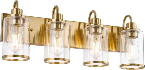 Vista 16 de Beionxii BX-VL01BG-3CG - Lámpara de tocador de baño, 3 lámparas doradas claras con pantalla de cristal transparente, accesorios de iluminación