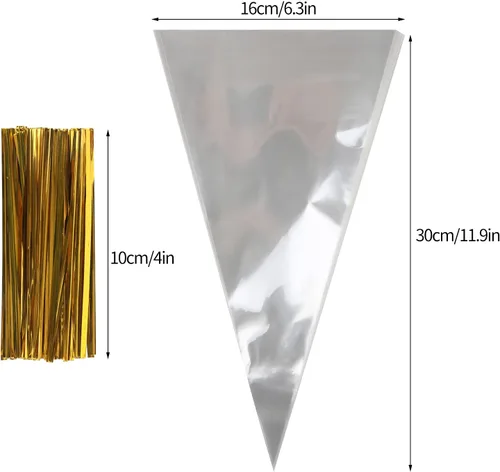Vista 2 de LOMIMOS 100 bolsas de celofán en forma de cono de 6 x 12 pulgadas, bolsas de plástico triangulares transparentes con lazos coloridos para panadería