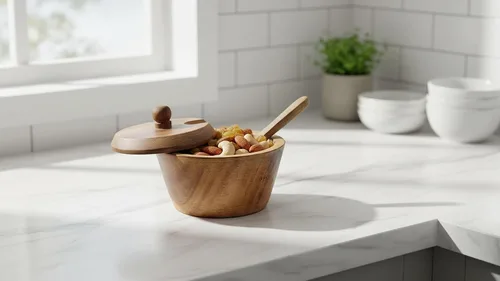 Vista 5 de Azucarero y cuchara de madera rústica hecho a mano con tapa, boca ancha, tarro de dulces para especias, condimentos, frutos secos, recipiente