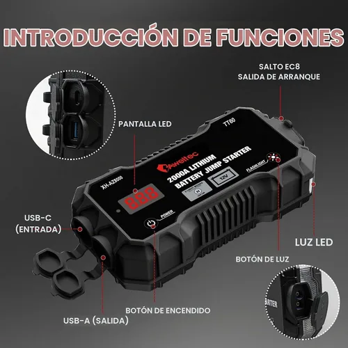 Vista 7 de Arrancador de salto 2000A para 8.0L Gas/6.5L Diesel con USB y LED