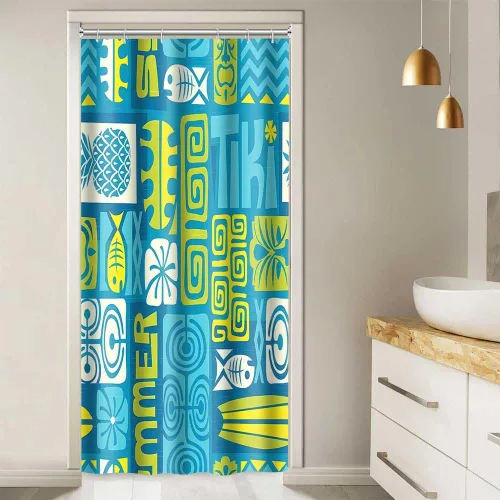 Vista 2 de Hawaii - Cortina de ducha exótica Tiki, 36 x 72 pulgadas, cortinas de ducha retro hawaianas étnicas de pez, piña, estilo tribal Tiki Juego