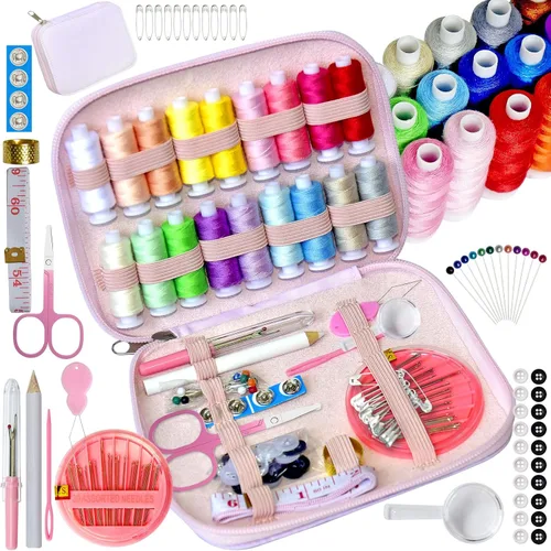 Vista 18 de Kit de costura con estuche Suministros de costura portátiles para el hogar, viajero, adultos, principiantes, emergencia, contiene 18 hilos de coser