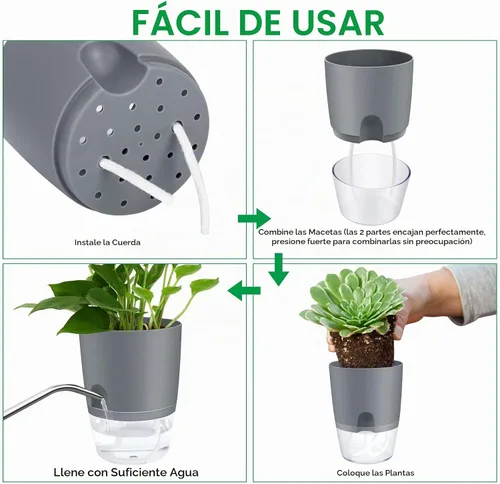 Vista 5 de ShineMe Macetas de Riego Automático, Macetas de 4.1 Pulgadas de Riego Automático para Plantas de Interior, Juego de 6 Macetas de Plástico para Gris
