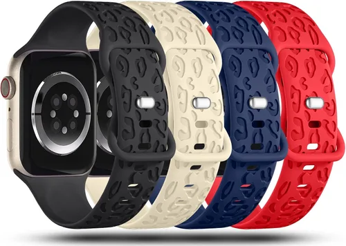 Vista 2 de CreateGreat - Paquete de 4 bandas grabadas con diseño de leopardo compatibles con Apple Watch para mujeres de 38mm 40mm 41mm 42mm 44mm 45mm 46mm