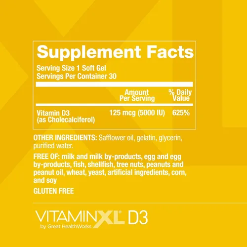 Vista 2 de OmegaXL VitaminXL D3 Vitamina D diaria de alta potencia 5000 UI 125mcg Suplemento de apoyo inmunológico - Promueve la función muscular saludable